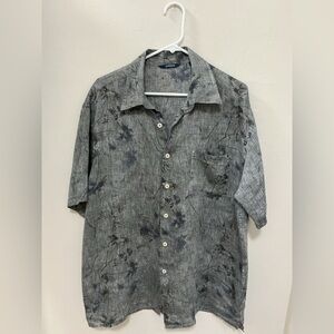 Lorenzini Shirt Mens short sleeve linen grey print  shirt Made in Italy size XL
